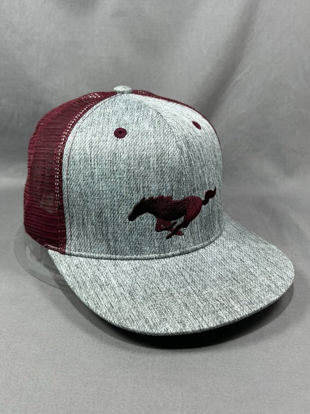 Ford Mustang Trucker Hat Snapback Gray Burgundy Horse Pony Motorsports Adult Cap